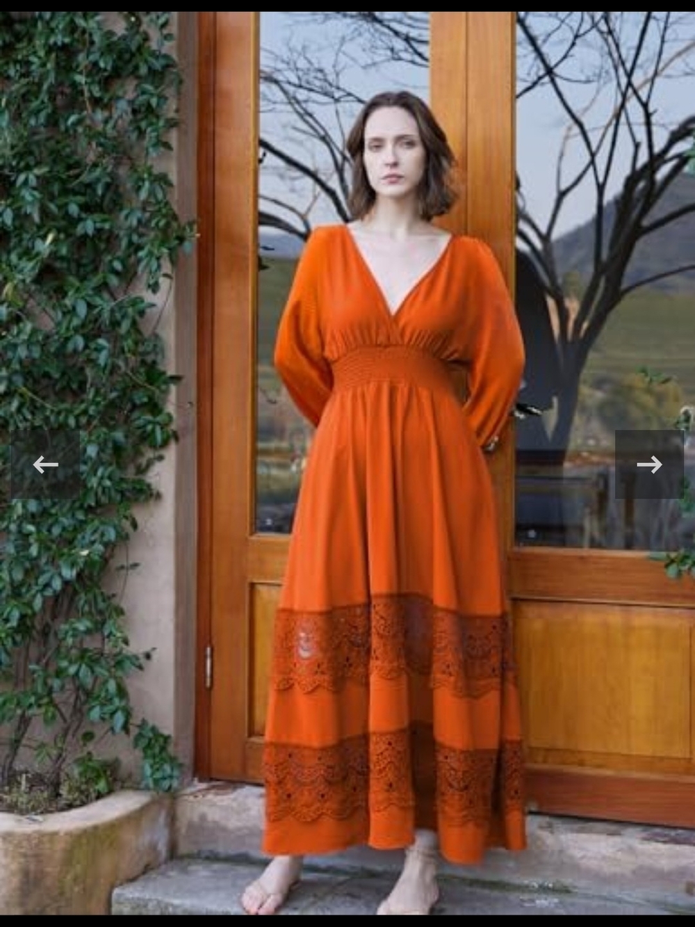 Flowing V‑Neck Orange Maxi Dress with Lace Trim
